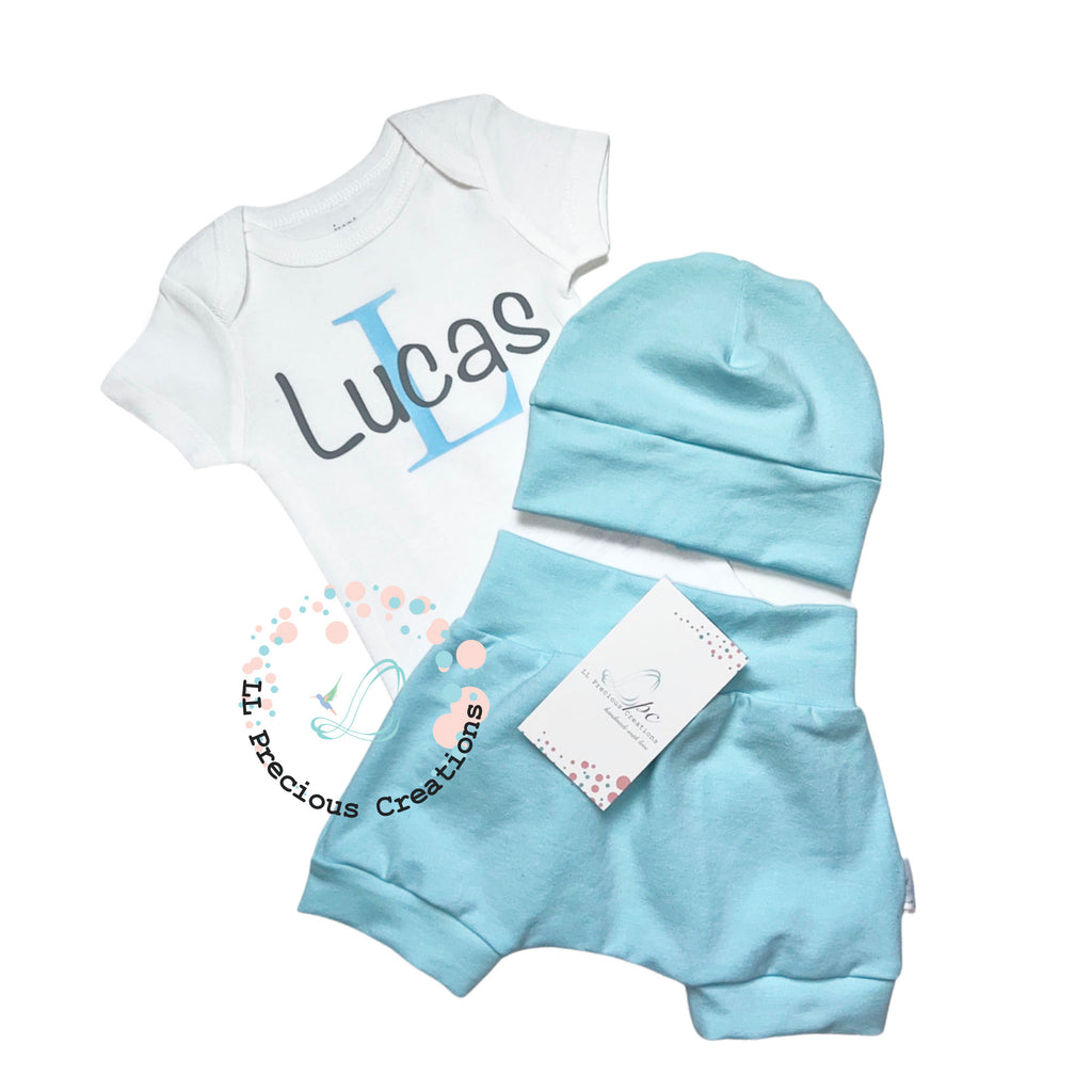 Personalized baby boy harem shorts outfit set #llpreciouscreations #personalizedboyoutfit #babyboy #haremoutfit #newbornbabyboy #summerbabyoutfit #ootk #toddlerboy 