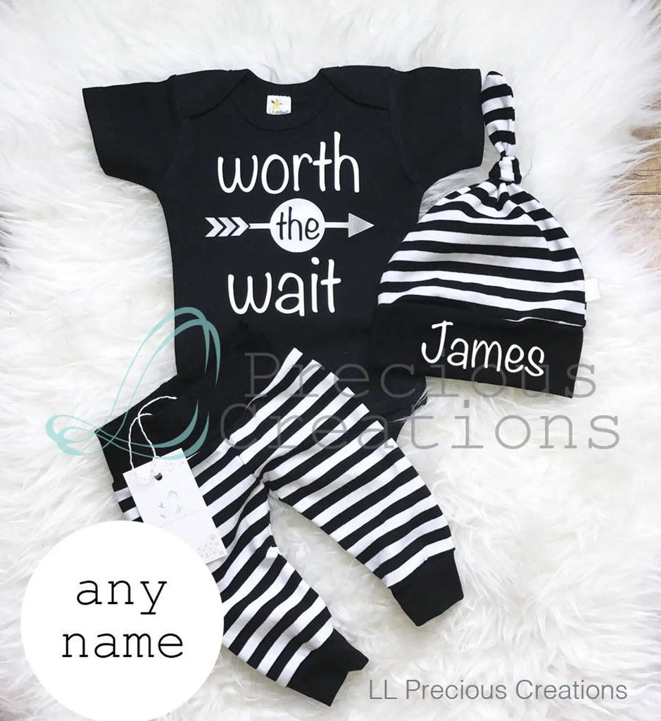 Worth the Wait Personalized Baby Boy Black Stripe Outfit #newbornbabyboy #worththewaitoutfit #cominghomeoutfit #llpreciouscreations