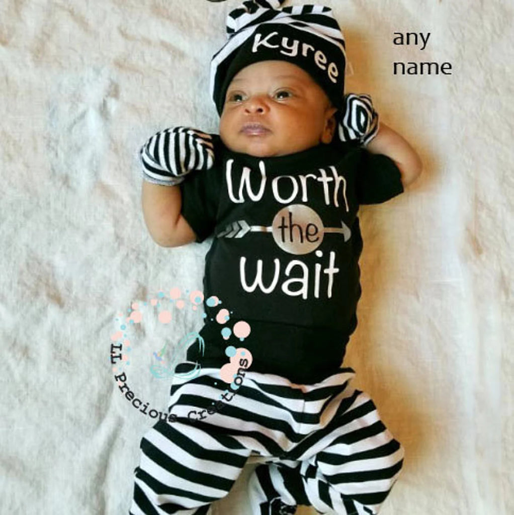 Worth the Wait Personalized Baby Boy Black Stripe Outfit #newbornbabyboy #worththewaitoutfit #cominghomeoutfit #llpreciouscreations