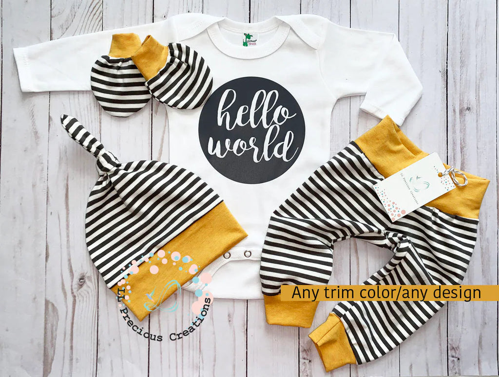 Hello World Gender Neutral Baby Charcoal Striped Outfit #newbornbaby #helloworld #cominghomeoutfit #llpreciouscreations #shopsmall #cominghomeoutfit