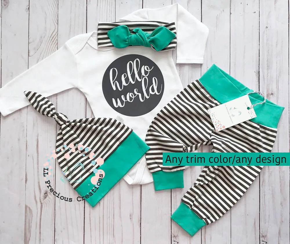 Hello World Baby Girl Charcoal Striped Outfit #newbornbaby #helloworld #cominghomeoutfit #llpreciouscreations #shopsmall #newbornbabygirl 