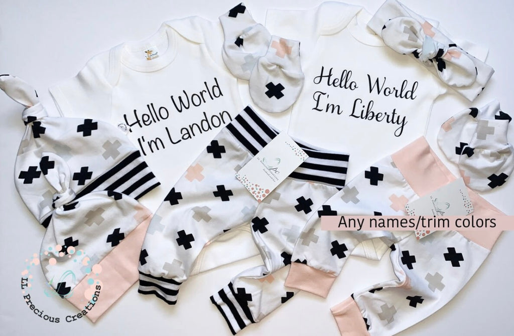 Hello World Personalized Twin Matching Newborn Coming Home Outfits #llpreciouscreations #newborntwins #newborgirlboy #helloworld #littlesister #littlebrother #newborntwins #newbornbabygirl #newbornbabyboy #personalizedoutfit