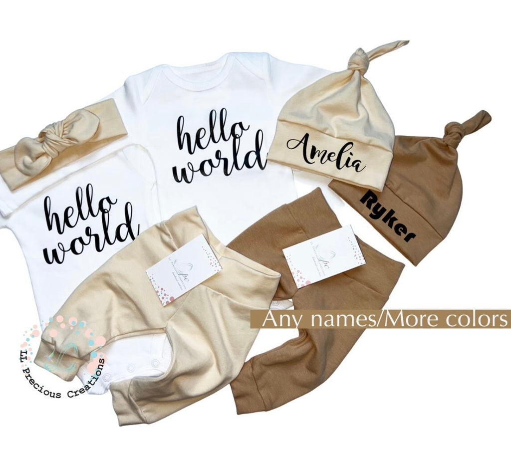 Hello World Personalized Gender Neutral Twin Matching Newborn Coming Home Outfits #llpreciouscreations #newborntwins #helloworld #newborntwins #newbornbabygirl #newbornbabyboy #personalizedoutfit