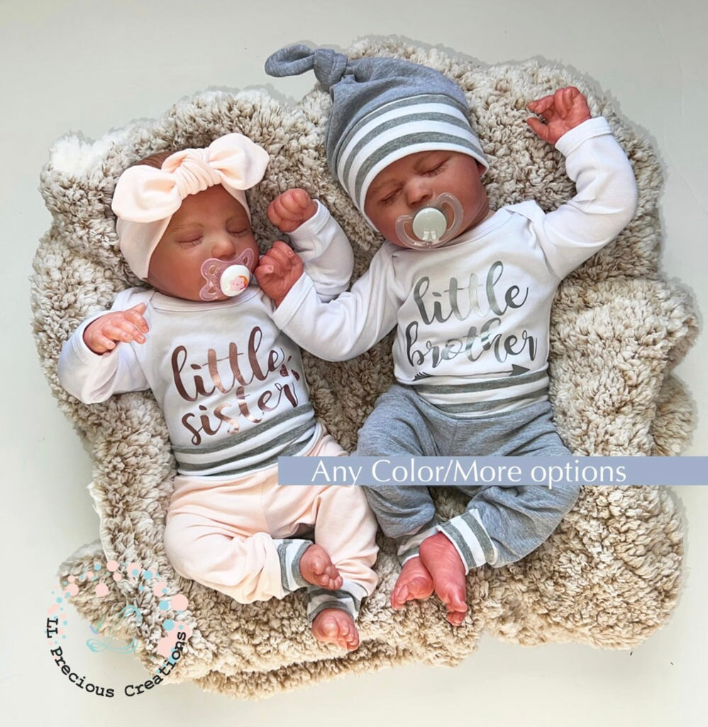 Twin Matching Coming Home Outfits Little Brother Little Sister LLPreciouscreations #llpreciouscreations #littlesister #littlebrother #twins #newborntwins #babyboyoutfit #babygirloutfit #cominghomeoutfit #personalizedoutfit #newborntwins #babygift #babyshowergift #hospitalbabyoutfit #handmade #boygirltwins #matchingbabyoutfits #siblingoutfits #babyclothes