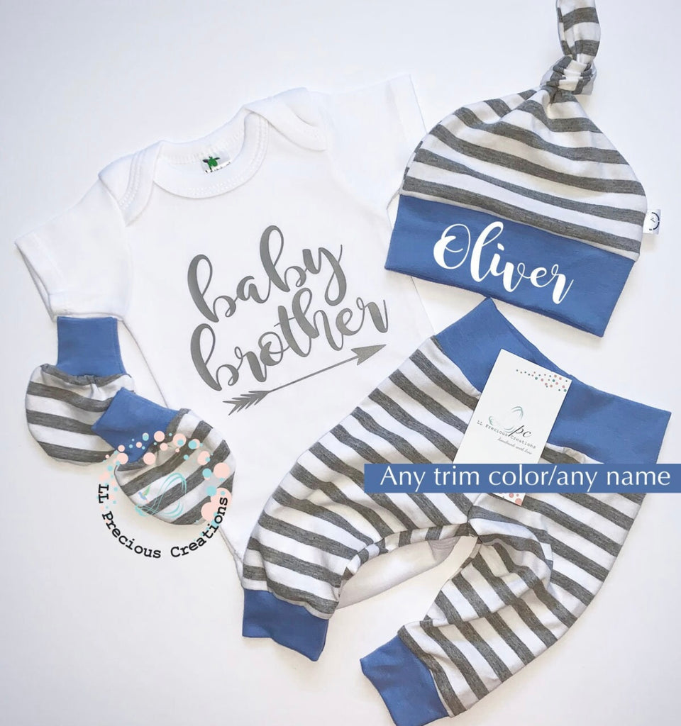 Little Brother Personalized Newborn Baby Boy Outfit Baby Shower Gift #llpreciouscreations #littlebrother #navybabyoutfit #babyboy #newbornbabyboy #cominghomeoutfit #babygift #littleboyoutfit #handmade #babyfashion #highqualityclothes