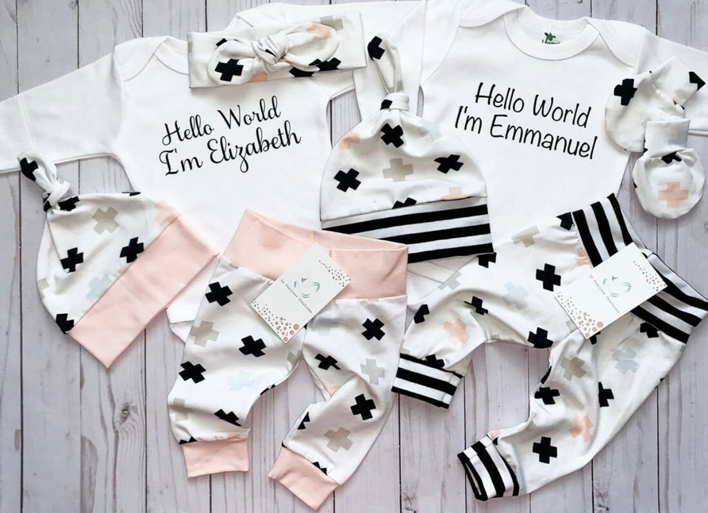 Gender Neutral Personalized Twin Matching Newborn Coming Home Outfits #llpreciouscreations #newborntwins #newborgirlboy #helloworld #littlesister #littlebrother #newborntwins #newbornbabygirl #newbornbabyboy #personalizedoutfit