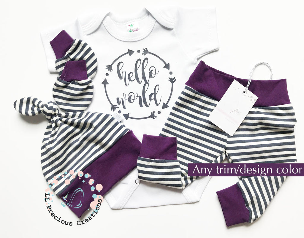 Hello World Striped Newborn Baby Boy Outfit Set  will be perfect for you new bundle of Joy! #llpreciouscreations