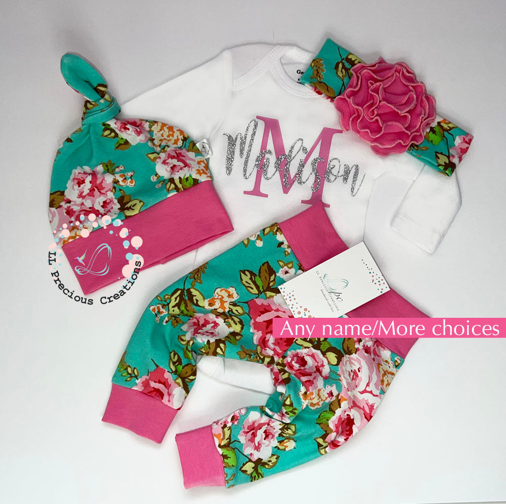 Newborn Personalized Handmade Baby Girl Outfit Newborn Baby Girl Personalized Baby Outfit Floral Teal Newborn Outfit Baby Shower Gift #llpreciouscreations #newbornbabygirl #babygirloutfit #newtothecrew #personalizedoutfit #floraloutfit #highqualityclothes #babyclothes #babyfashion #newbornbabygirl #cominghomeoutfit #babygift #momtobegift