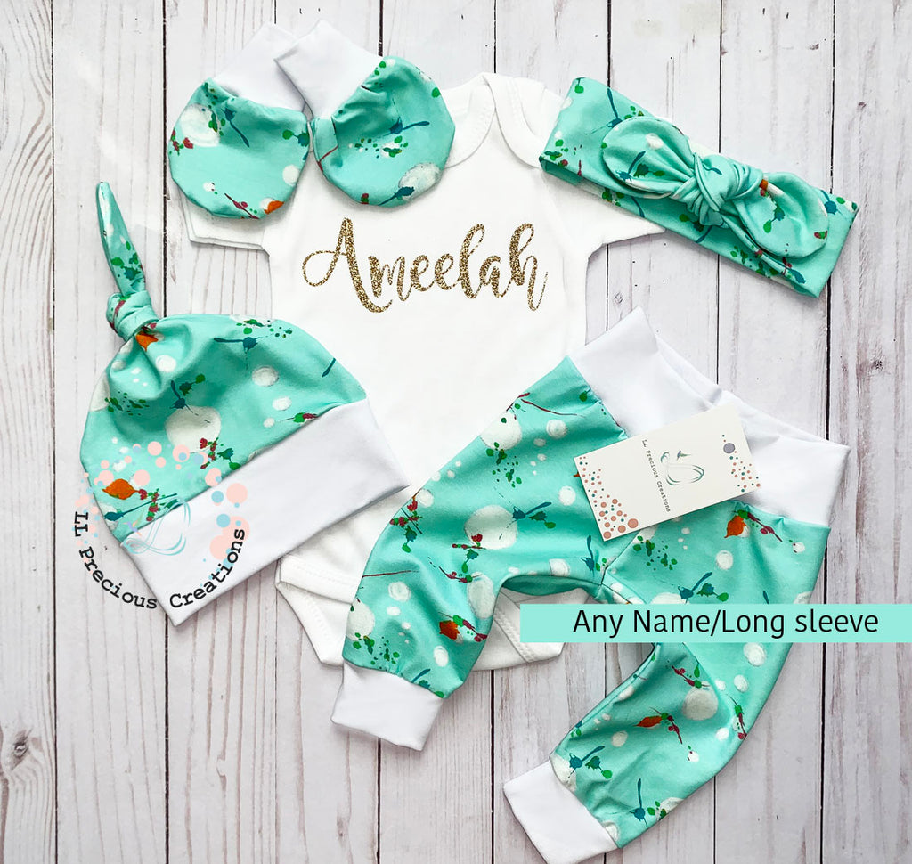 Mint Bubbles Baby Girl Personalized Coming Home Outfit Set  #llpreciouscreations