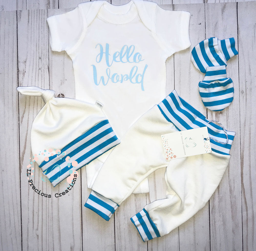 Gender Neutral Hello World Coming Home Handmade Baby Outfit 