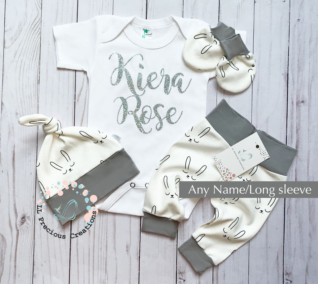 Gray Bunnies Gender Neutral Baby Personalized Outfit