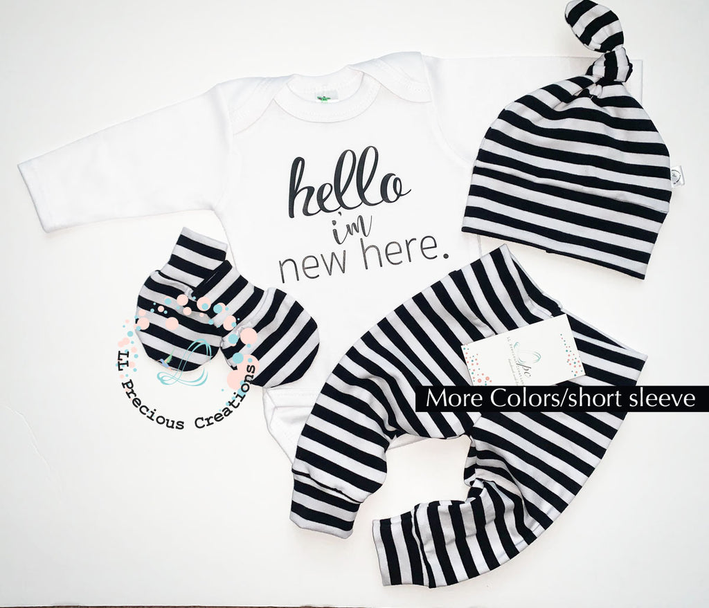 Hello I'm New Here Gender Neutral Baby Striped Outfit  #newbornbaby #llpreciouscreations #shopsmall #cominghomeoutfit