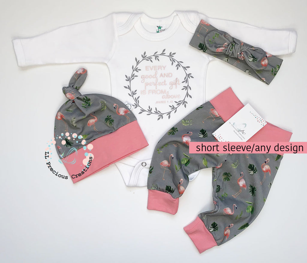 Pink Flamingo Newborn Baby Girl Coming Home Outfit #llpreciouscreations #newbornbabygirl #cominghomeoutfit #religiousbabyonesie #babygift #newbornbabygirl 