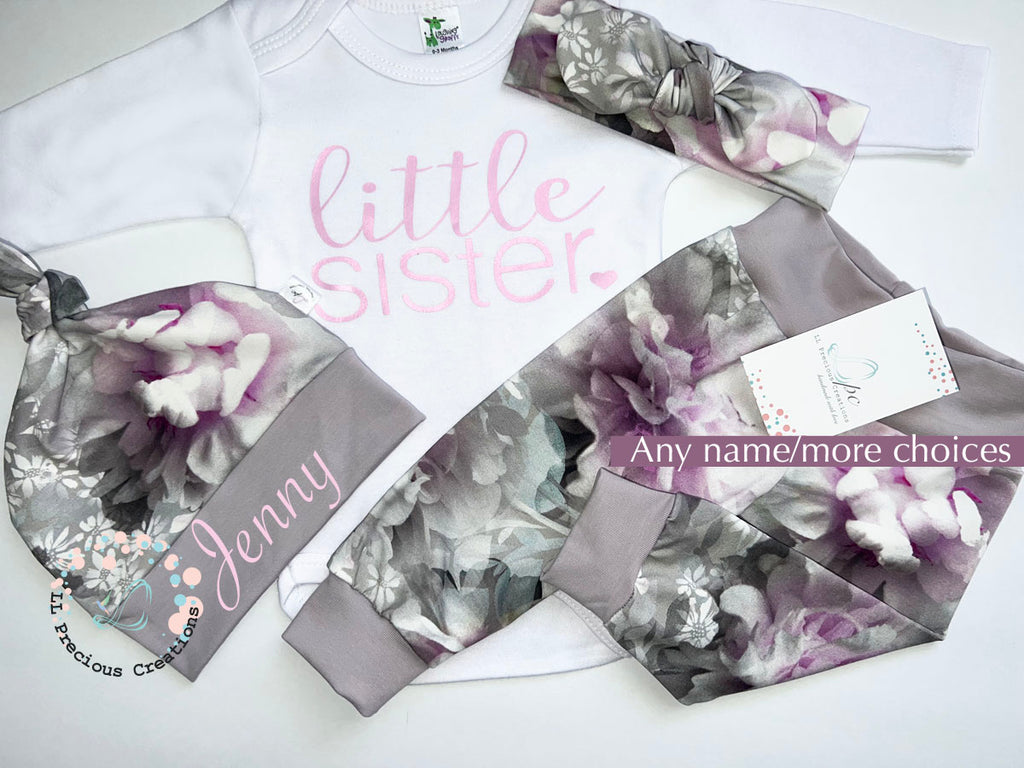 Little Sister Floral Organic Newborn Baby Girl Outfit Purple Grey Floral Set