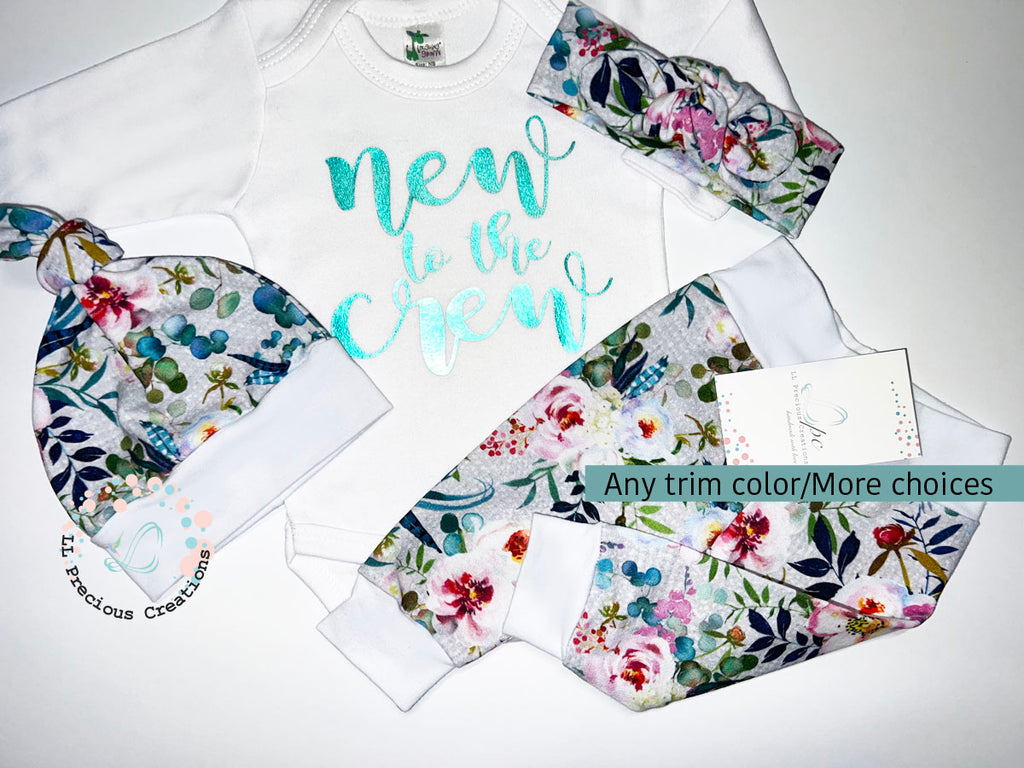 LL Precious Creations High Quality Coming Home Baby Outfits  New to the Crew Baby Girl Floral Outfit Baby Shower Gift #llpreciouscreations #newbornbabygirl #babygirloutfit #newtothecrew #floralbabyoutfit #highqualityclothes #babyclothes #babyfashion #newbornbabygirl #cominghomeoutfit #babygift #momtobegift 