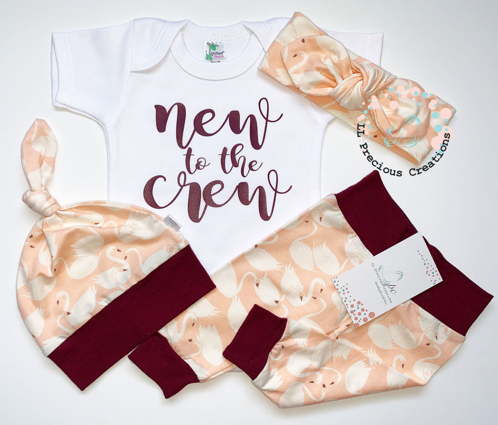 New to the Crew Organic Peach Swans Baby Girl Coming Home Outfit