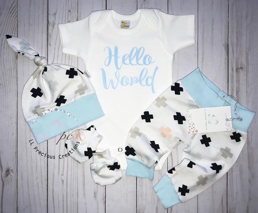 Hello World Swiss Crosses Gender Neutral Coming Home Outfit Set #LLPreciousCreations