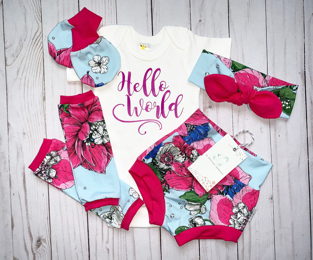 Hello World Baby Girl Outfit Bummies Shorts