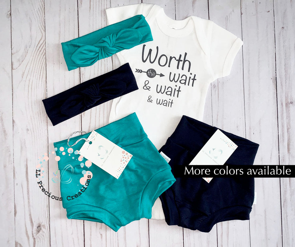 Worth the Wait Gender Neutral High Waist Bummies Shorts Outfit Coming Home Baby Outfit #llpreciouscreations #worththewait #newbornbaby #cominghomeoutfit #twinoutfits #boygirltwins #newbornbaby #handmadeoutfit #babygift #babyshowergift