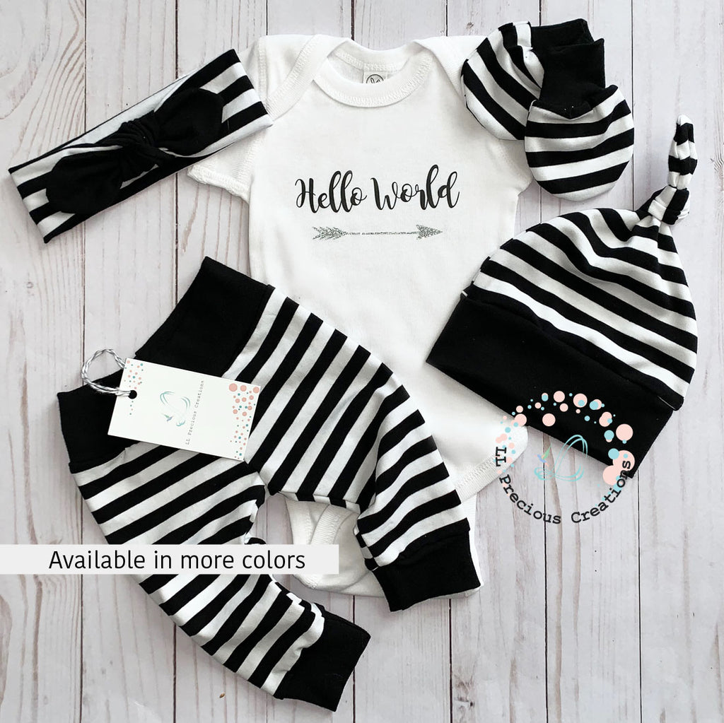 Hello World Newborn Baby Gender Neutral Outfit #llpreciouscreatons #helloworld #babyboyoutfit #babygirloutfit #newbornoutfit #blackstripes babyshowergift  #babyfashion #babyshowergift #babygift