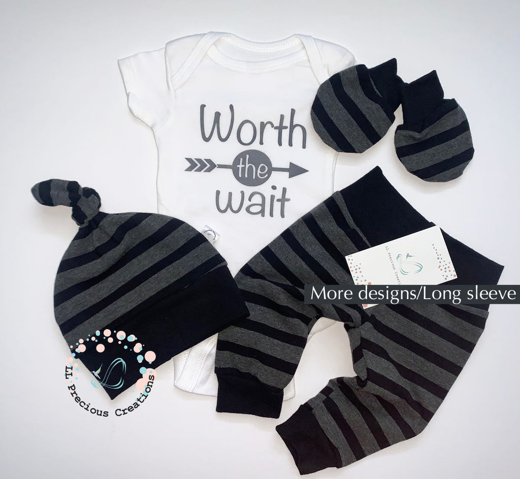 Worth the Wait Newborn Baby Boy Black Stripe Outfit Set 