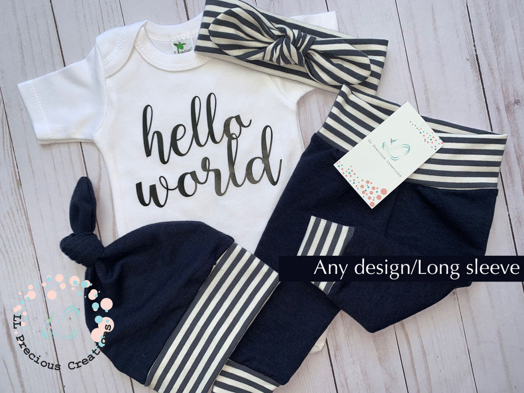 Hello World Newborn Baby Girl Outfit Gender Neutral Clothes #llpreciouscreations #helloworld #navybabyoutfit #babyleggings #cominghomeoutfit #Newbornbabygirl #newbornbaby #newbornbabyboy #genderneutraloutfit #bluebabyoutfit #Cominghomeoutfit