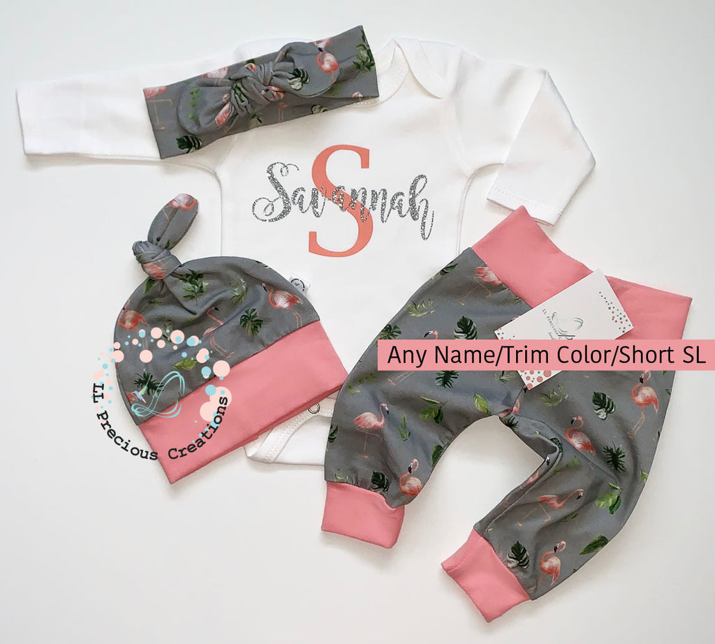 Flamingo Baby Girl Personalized Coming Home Outfit Set