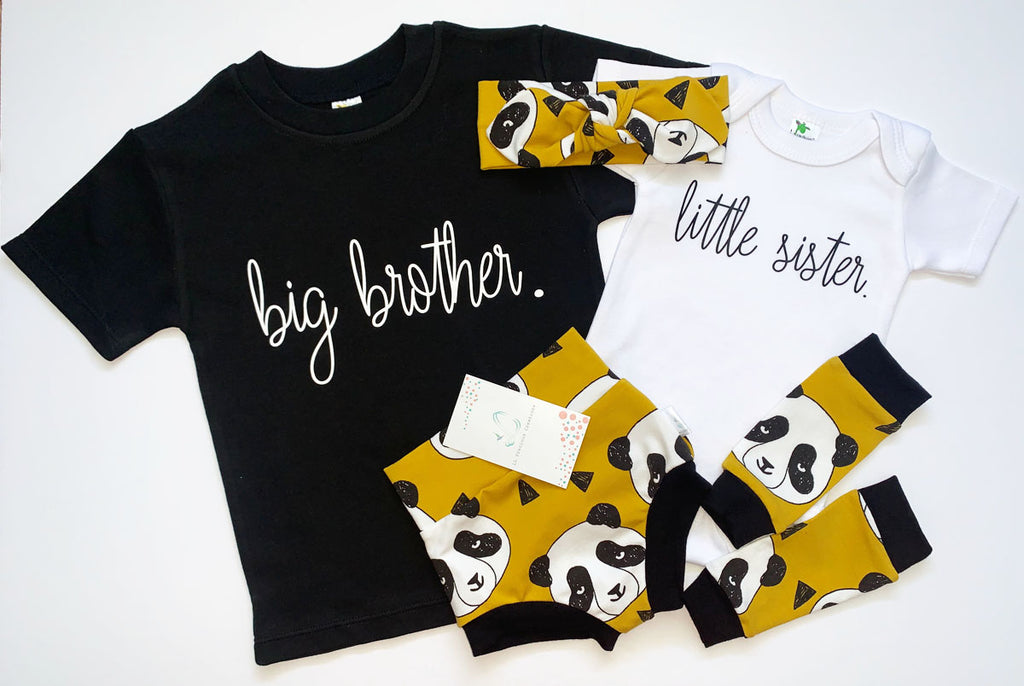 Mustard Pandas Matching Organic Little Sister/Big Brother sibling outfits #llpreciouscreations #bigbrother #littlesister #highwaistbummies #babygirloutfit #pandaoutfit #pandashorts #siblingoutfits #handmade #organicoutfit 