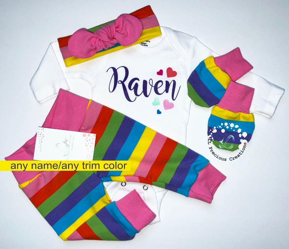 Personalized Rainbow Baby Girl Outfit Coming Home Outfit Newborn Baby Girl