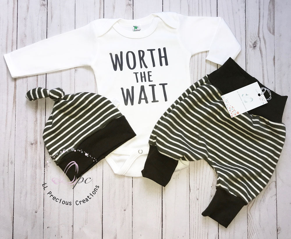 Worth the Wait Baby Boy Harem Pants Outfit Olive Stripes