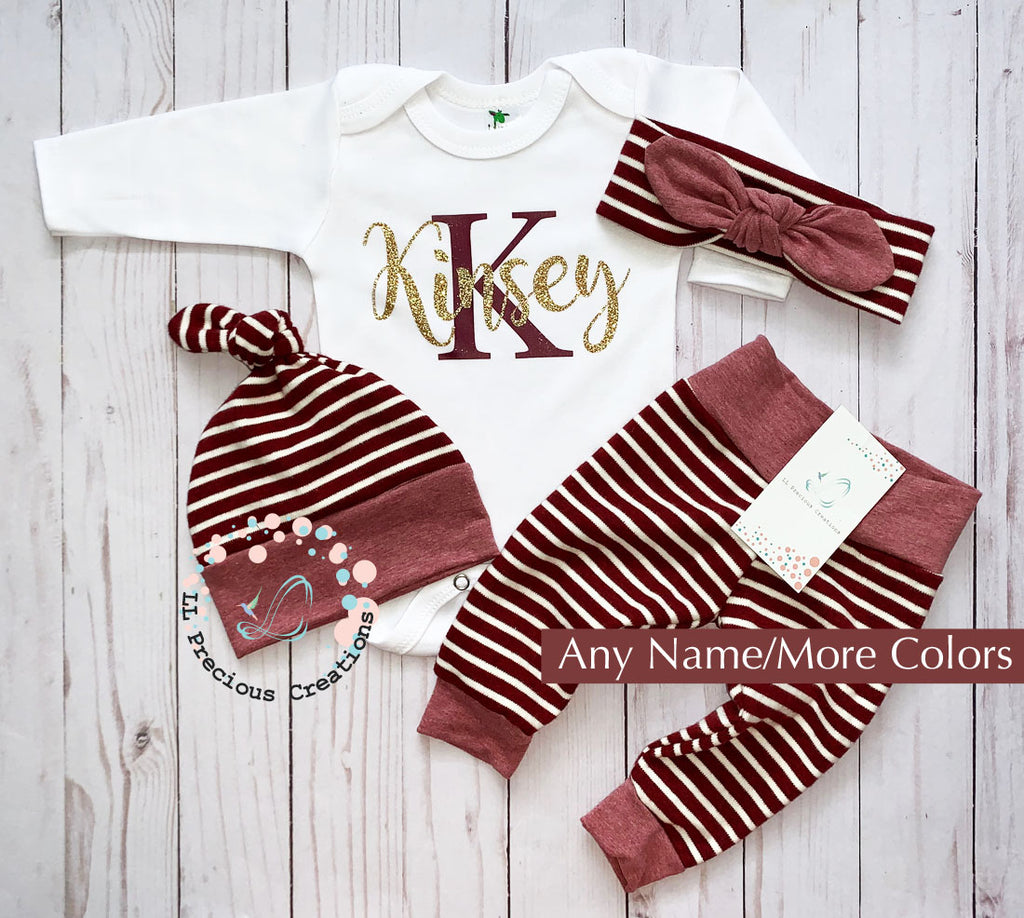 Personalized Maroon Stripes Baby Coming Home Outfit