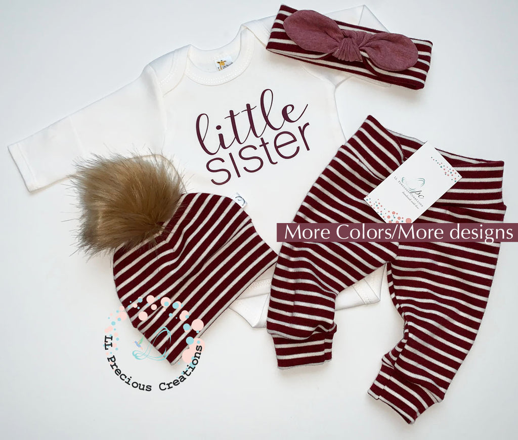 Little Sister Maroon Baby Girl PomPom Outfit Set