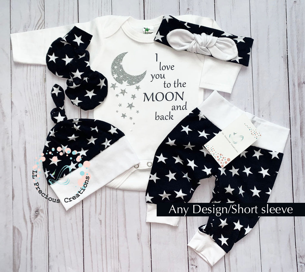 I LOVE YOU TO THE MOON UNISEX NEWBORN BABY COMING HOME OUTFIT STARS AND MOON