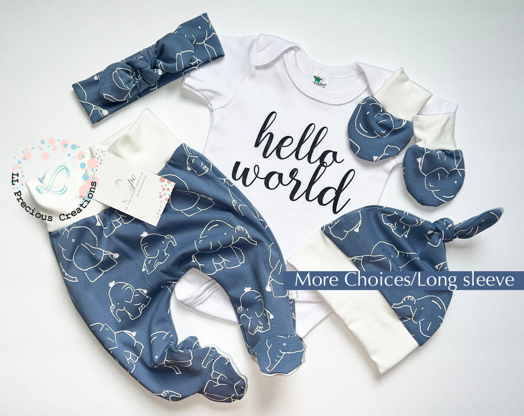 Footed Hello World Newborn Baby Girl Outfit Dusty Blue Elephants Footsie Outfit Gender Neutral Clothes #llpreciouscreations #helloworld #elephantbabyoutfit #babyfootsie #footedbabyleggings #cominghomeoutfit #Newbornbabygirl #newbornbaby #newbornbabyboy #bluebabyoutfit #Cominghomeoutfit